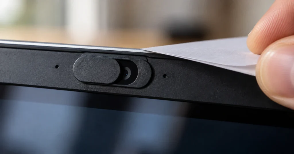 Close-up of a slide webcam cover on a laptop camera beside a sheet of paper, MacBook webcam cover thickness