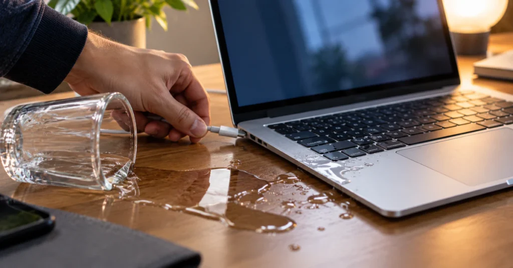 Spilled glass of water next to a laptop keyboard while a hand unplugs the charger, MacBook liquid damage