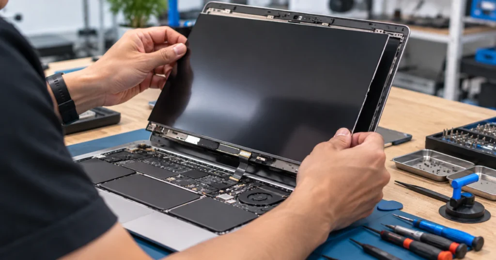 Technician replacing a laptop display with precision tools in a workshop, MacBook screen repair