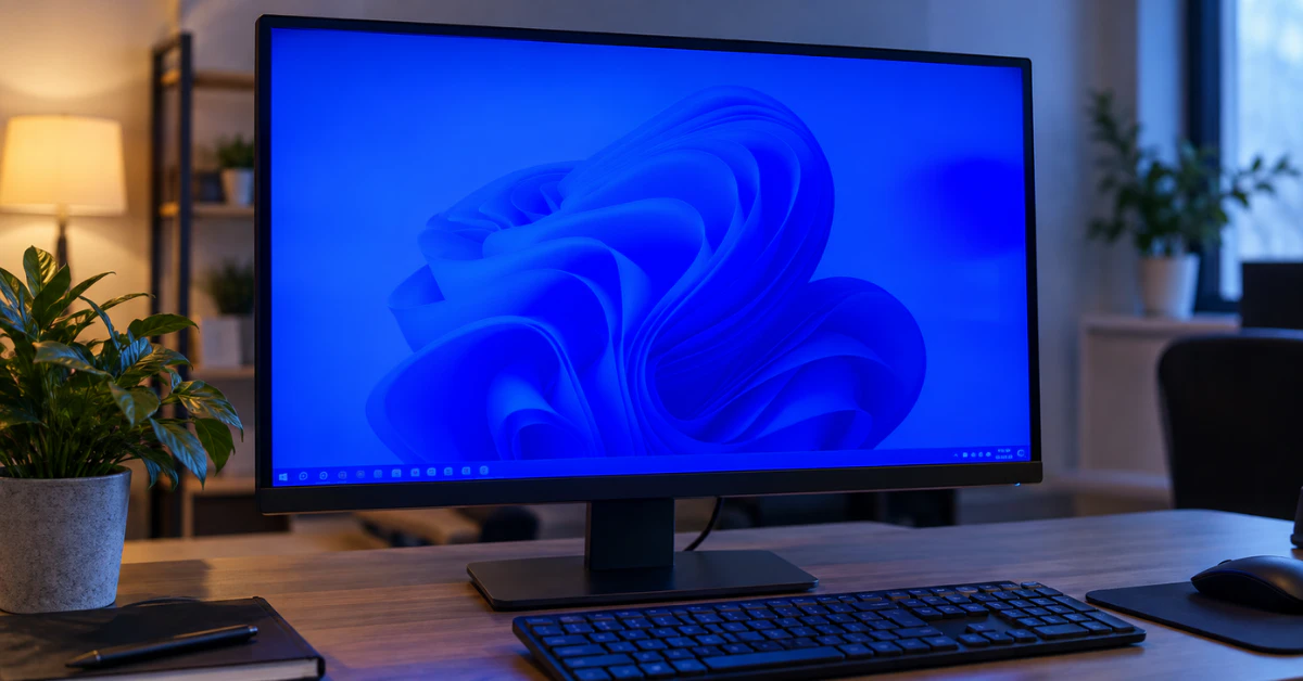 Desktop computer monitor showing a blue color tint on a clean desk