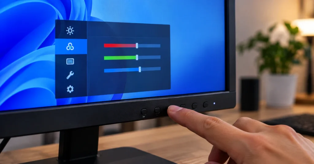 Hand pressing the on-screen display buttons on a computer monitor to adjust color settings