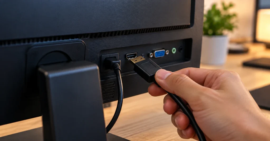 Hand plugging a black HDMI cable into the back port of a computer monitor