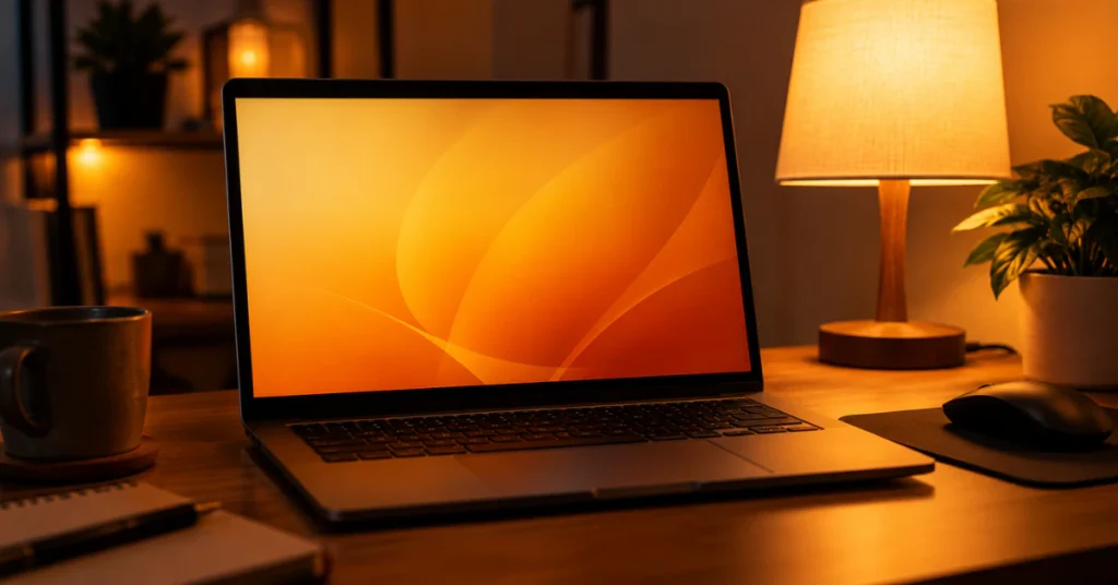 Computer screen with a warm orange tint in a dim room with a desk lamp