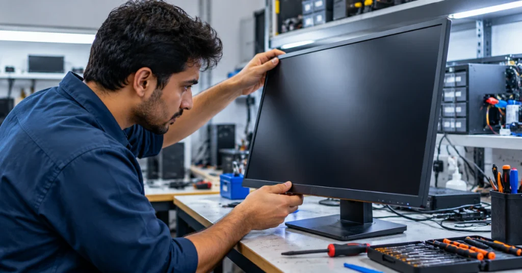 Technician inspecting a computer monitor on a workbench in a repair workshop