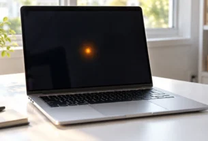 Open silver laptop on a white desk with a small orange spot glowing on the dark screen