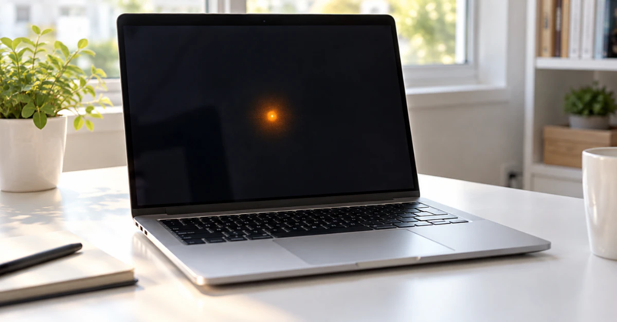 Open silver laptop on a white desk with a small orange spot glowing on the dark screen