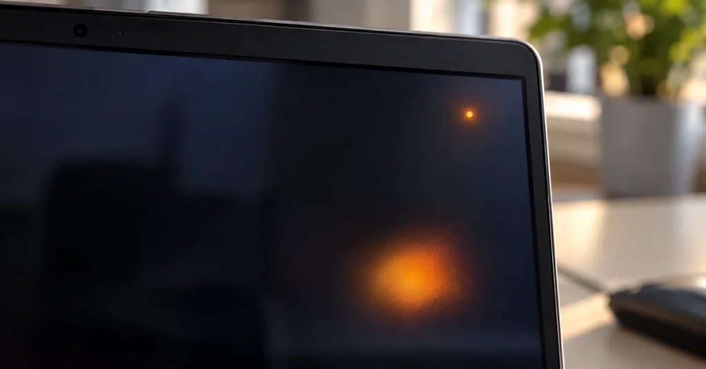 Laptop screen with a tiny round orange dot in the top right corner and a larger blurry orange smudge lower on the display