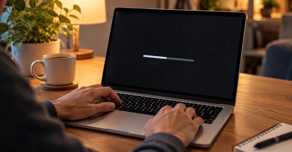 Person typing on a silver laptop while the screen shows a startup diagnostic progress bar