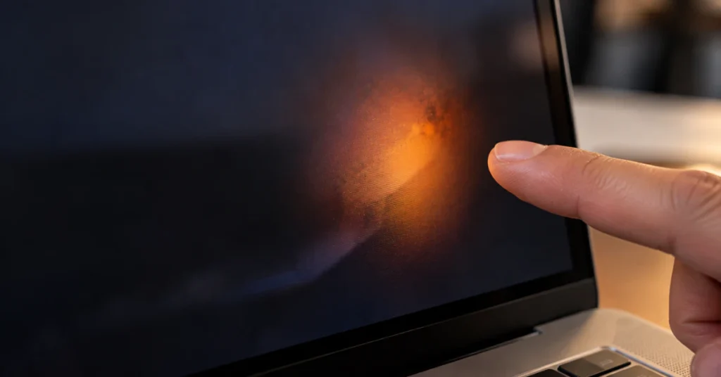 Close-up of a laptop display showing a blotchy orange pressure mark with uneven light leaking on a dark background