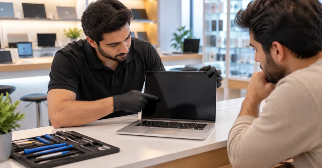 Technician at a repair counter inspecting a laptop screen while a customer watches