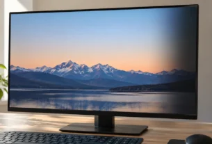 Computer monitor on a desk with a faint dark shadow along the right side of the screen