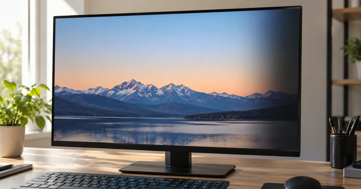 Computer monitor on a desk with a faint dark shadow along the right side of the screen