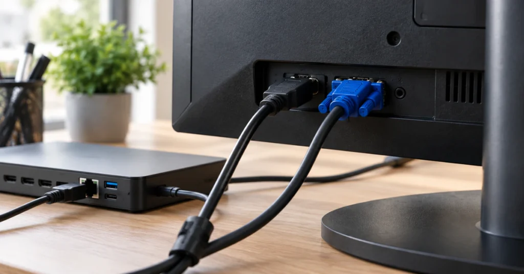 HDMI and VGA cables plugged into the back of a computer monitor next to a docking station