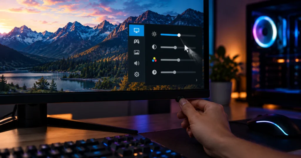 Monitor showing an on-screen settings menu with sliders while a hand presses the control button
