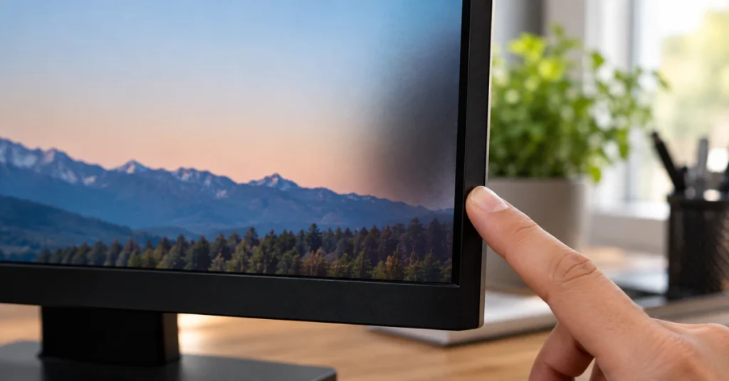 Finger gently pressing the bezel of a computer monitor to check for a loose internal connection