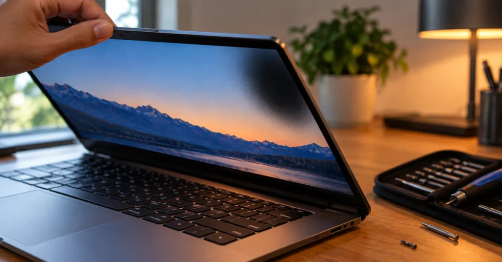 Half-open laptop on a desk with a dark shadow patch on the screen and a hand near the hinge