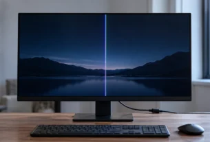 Desktop monitor on a desk showing a single bright vertical line down the screen