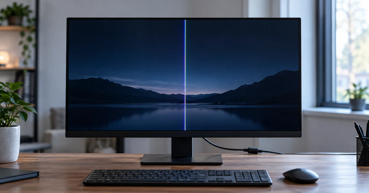 Desktop monitor on a desk showing a single bright vertical line down the screen