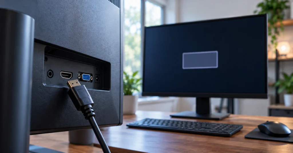 Back of a desktop monitor with an HDMI cable unplugged from the port