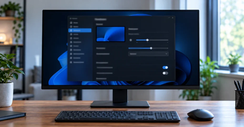 Monitor displaying a display settings window with sliders and toggle switches