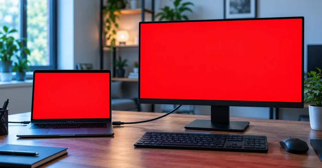 Monitor showing a solid red test screen connected to a laptop on a desk