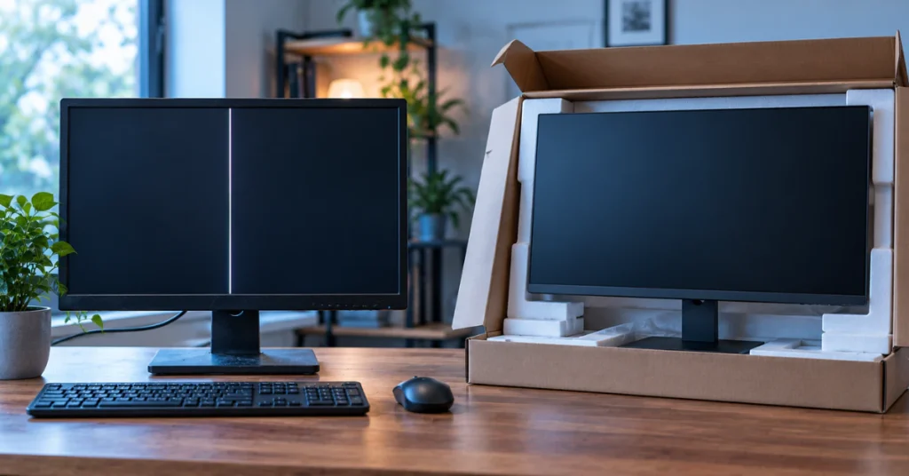 Old monitor with a vertical line beside a new monitor in an open box